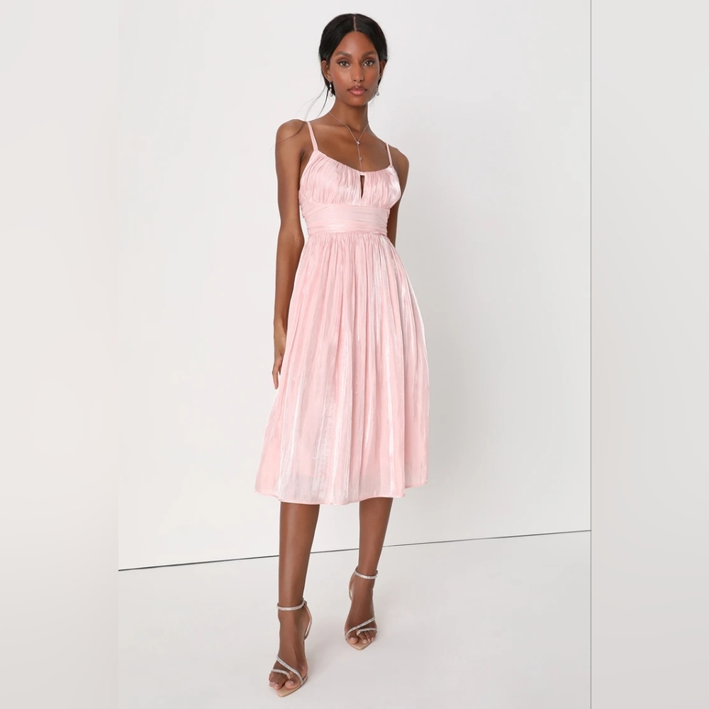 Barbie Shimmer Blush Pink Satin Pleated Lace-Up Midi Dress, Empire Waist, Size L